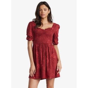 Roxy Rolling Sunsets Red Tropical Puff Sleeve Mini Dress